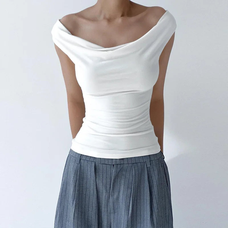 Women Sleeveless Swing Collar Backless Tie Back Ruched Top