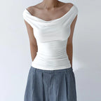 Women Sleeveless Swing Collar Backless Tie Back Ruched Top