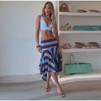 Striped Midi Skirt With Asymmetric Pleated Hem For Women Casual Style Flattering Low Rise
