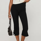 Bow Detail Cropped Capri Pants For Summer Slim Fit With Elastic Waist Solid Stretch
