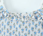 Flower Print Corset Ruched Elastic Body Sling Mini Square Collar Ruffles Hem Dress