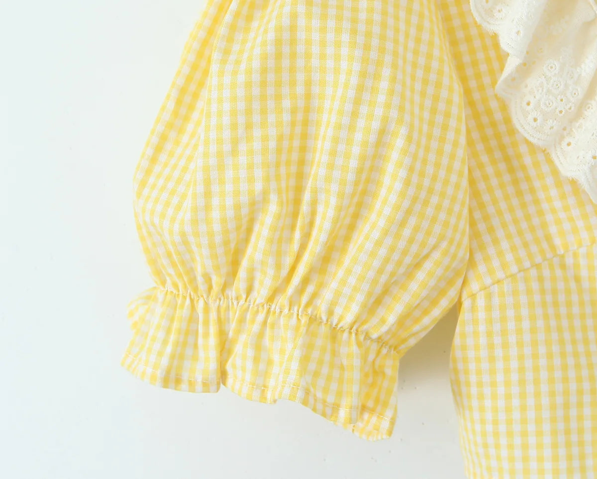 Yellow Gingham Lace Top And Skirt Set Vintage