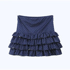 Polka Dot V Neck Halter Top Set With High Waist Ruffle Hem Mini Skirt