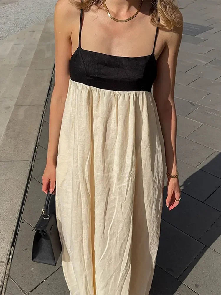 Contrast Splicing Loose Sling Long Women Square Collar Sleeveless Backless High Waist Dress