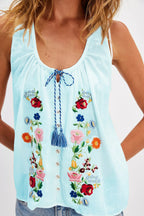 Cotton Floral Embroidered Tank Top Sleeveless Blouse