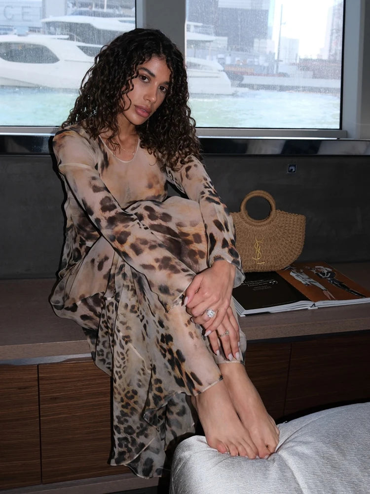 Leopard Print See Through Maxi Dress With O Neck Long Sleeves Backless Cross Bandage Detail