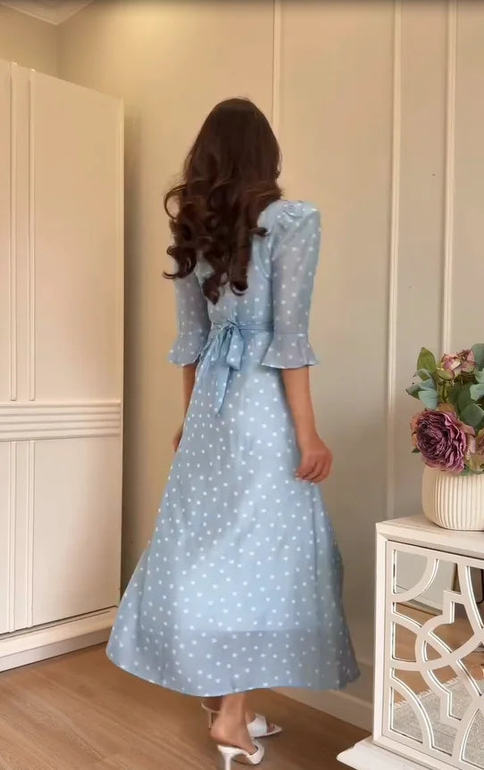 Printed Lace Patchwork Long Dress, Elegant Mid Sleeve V-Line Button Slit