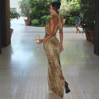 Leopard Print Halter Maxi Dress With Backless Silhouette Embellished Bandage Style