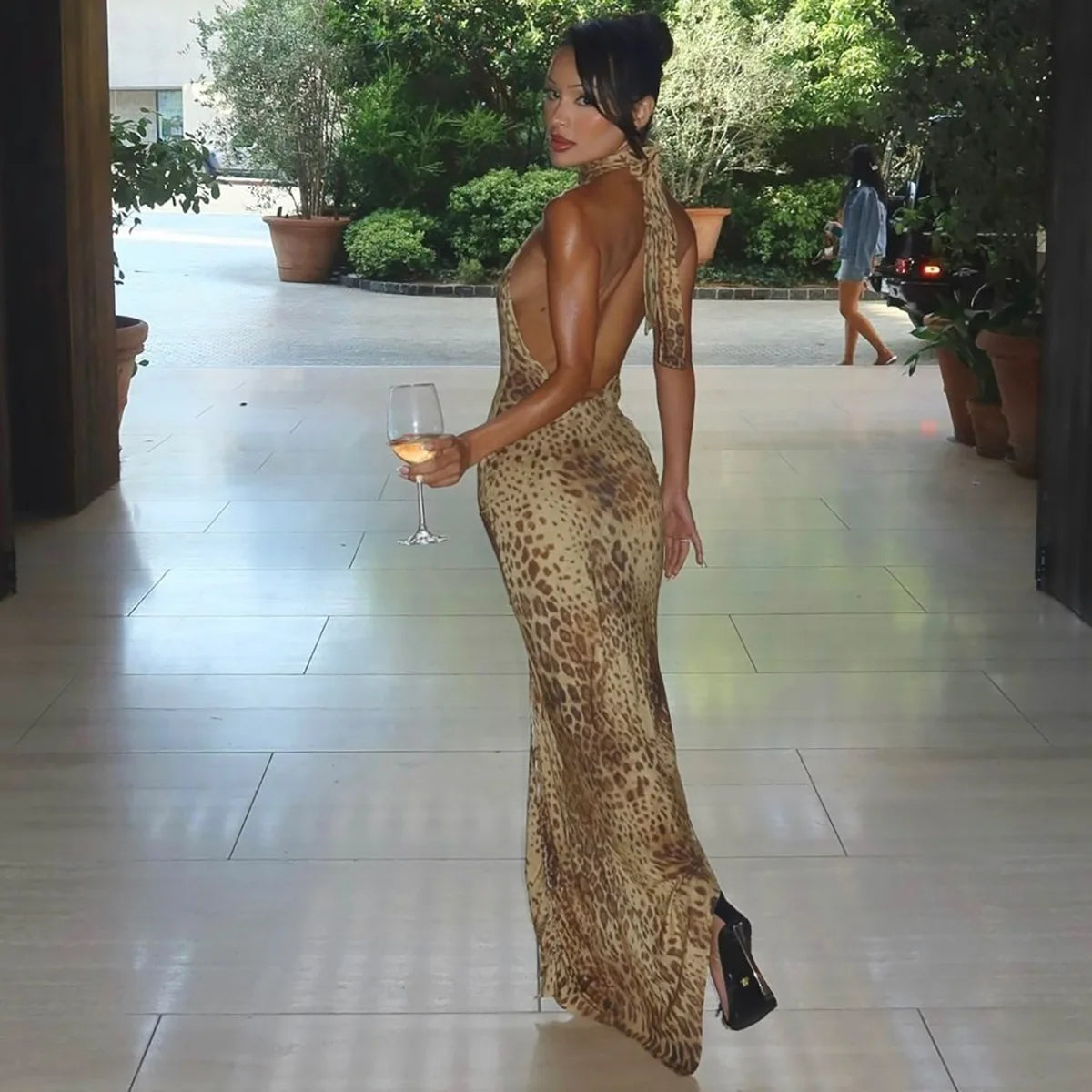 Leopard Print Halter Maxi Dress With Backless Silhouette Embellished Bandage Style
