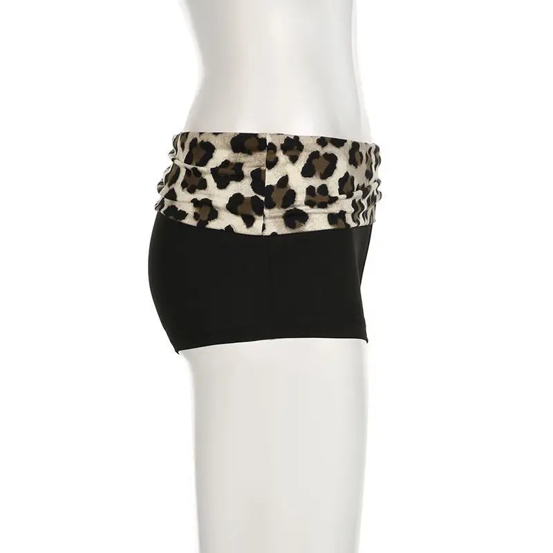 Leopard Patchwork Shorts With Low Waist