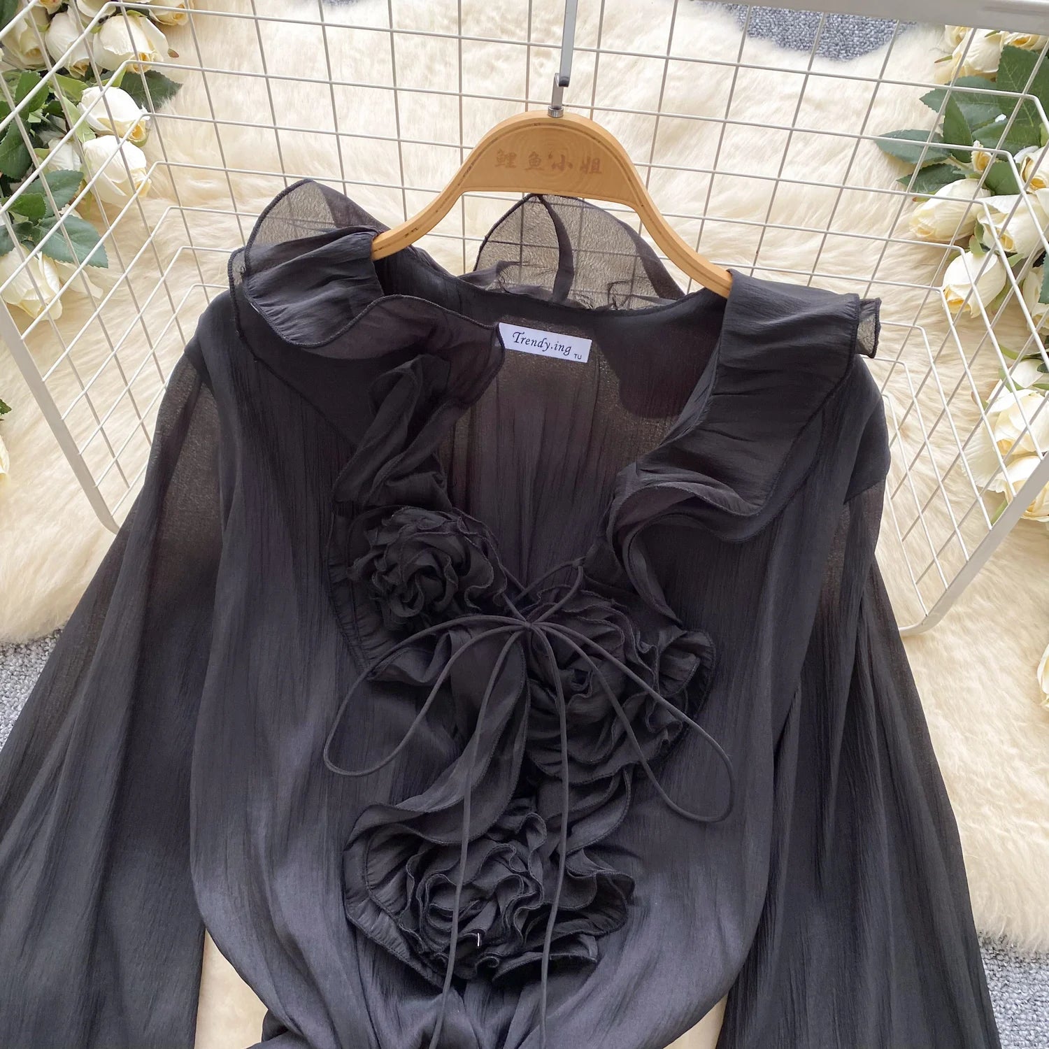 Boho 3D Floral Chiffon Sundress With Long Sleeves Lace Up Ruffle Detail