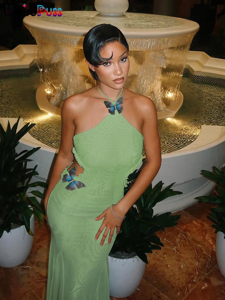 Sheer Halter Dress With Butterfly Appliques Hollow Ruffle Details Elegant Gown
