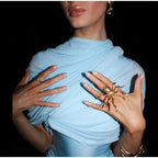 Blue Irregular Shawl Maxi Dress Slim Fit Pleated Turtleneck Elegant Evening