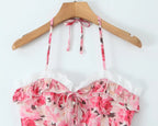 Boho Floral Print 2 Pieces Skirts Set Holiday Summer Women Sexy Backless Halter Top + Mini Skirt