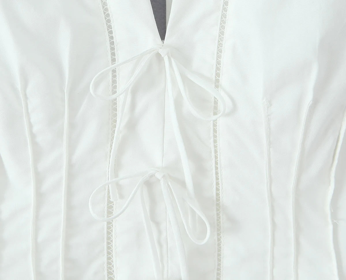 Sexy White Bow Halter V neck Open Buttons Slim Tank Top Women Spliced Ruffles Lace Hem Sleeveless Backless