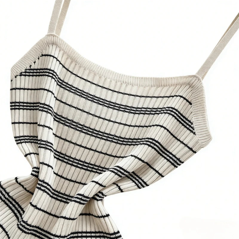 Striped Spaghetti Strap Ribbed Knit Contrast Mini Dress
