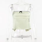 Retro Aesthetic Satin Cami Top With Bowknot Front Spaghetti Straps Cropped