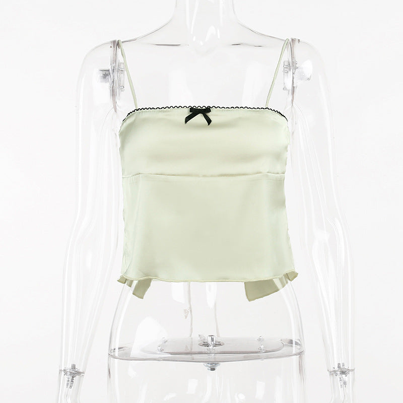 Retro Aesthetic Satin Cami Top With Bowknot Front Spaghetti Straps Cropped