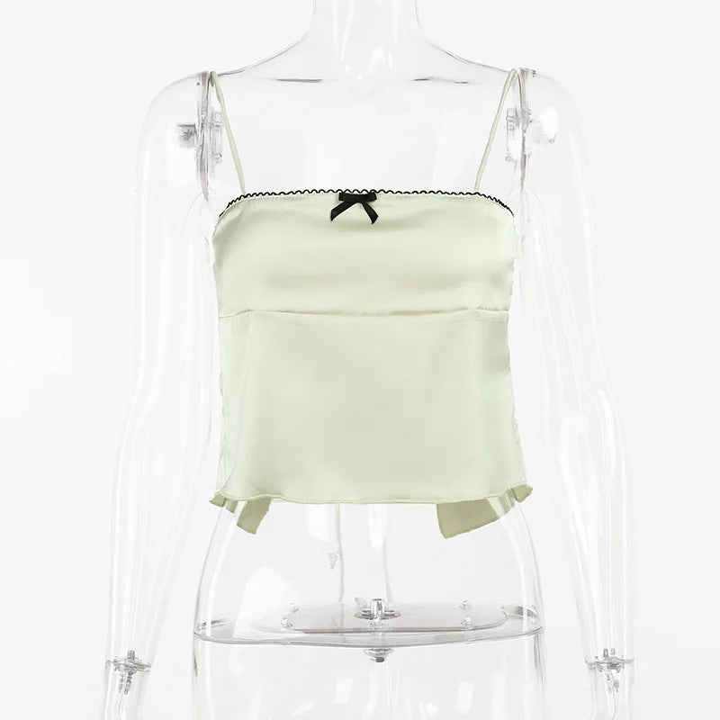 Retro Aesthetic Satin Cami Top With Bowknot Front Spaghetti Straps Cropped