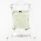 Retro Aesthetic Satin Cami Top With Bowknot Front Spaghetti Straps Cropped