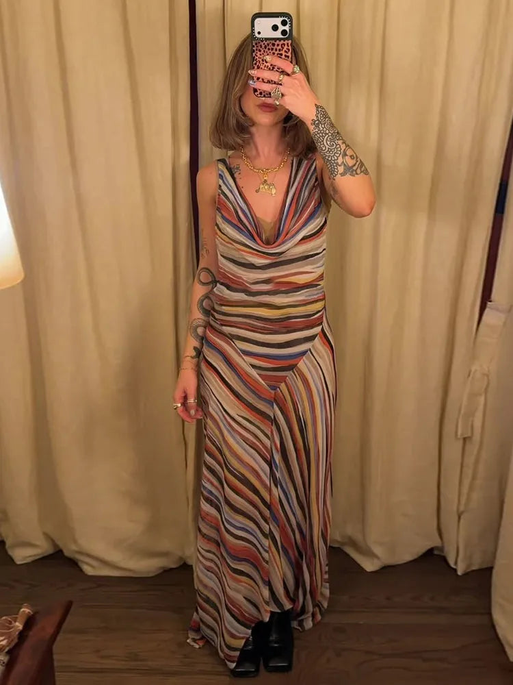 Colorful Stripe Sleeveless Midi Dress