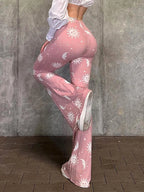 Vibrant Pink Patchwork Flared Pants With Elastic Waist And Wide Leg Streetwear Abstract Print