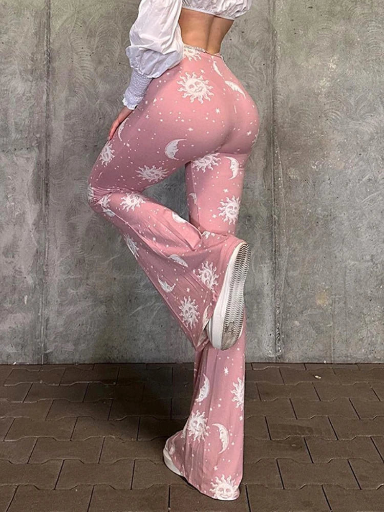 Vibrant Pink Patchwork Flared Pants With Elastic Waist And Wide Leg Streetwear Abstract Print