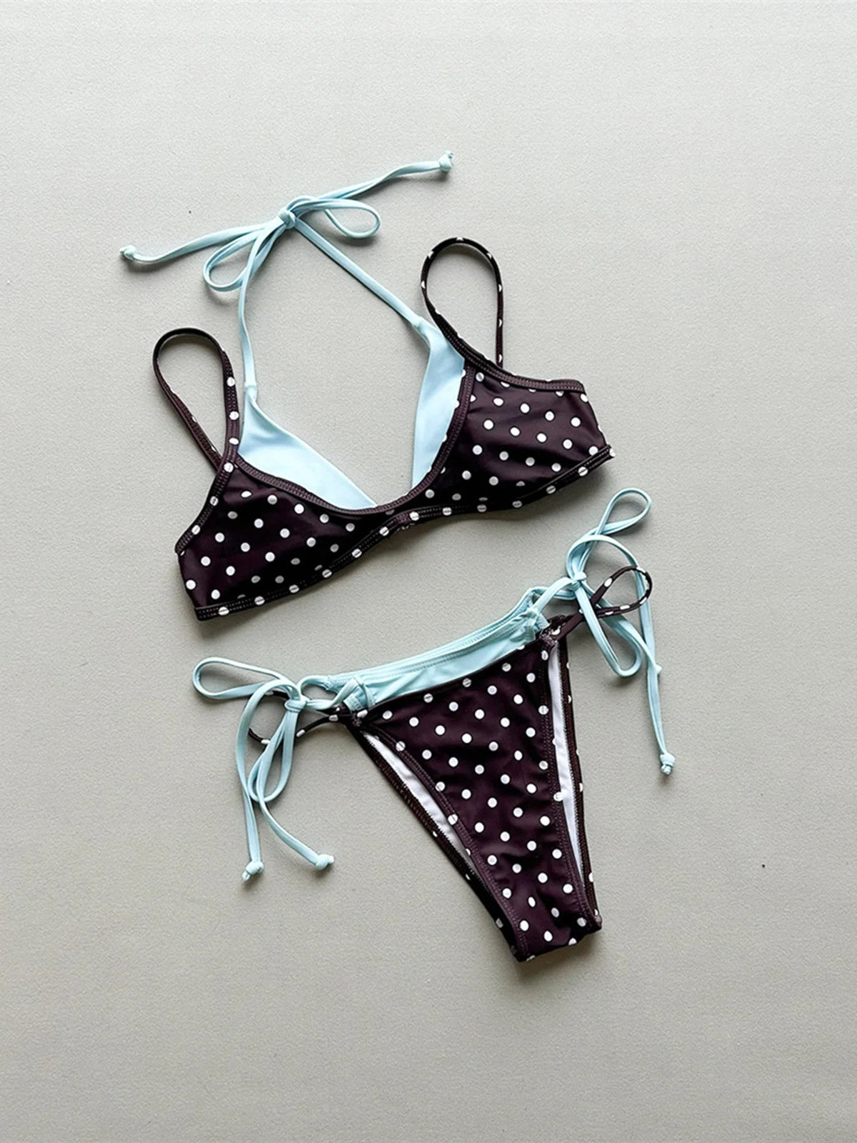Halter Bikini Set in Plaid and Polka Dots
