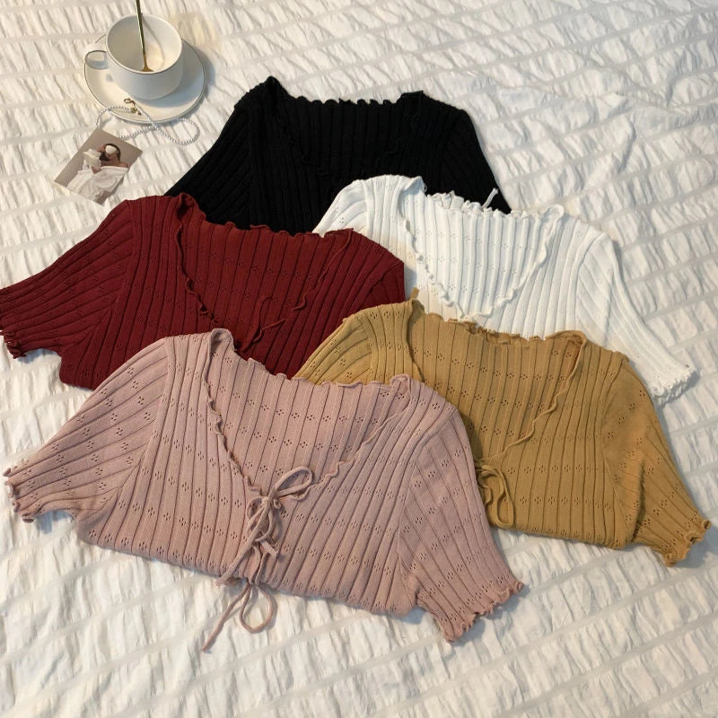 Soft Knit V Neck Cropped Ribbed Short Sleeve Tee