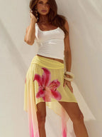 Floral Print Mini Skirt With Elastic Waist Gradient Mesh Tassel Detail