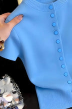 Oceanic Blue Lightweight Knit Cardigan For Women With Breezy Short Sleeves And Loose Fit Layering