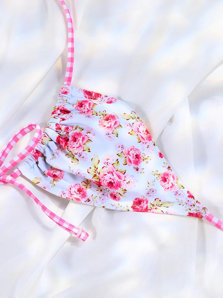 Floral Bow Pink Bikini Swimsuit For Women Low Waist Bandage Beachwear Chic Summer Bathing Suit