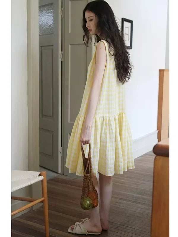 Sunny Plaid Cotton Dress Sleeveless Round Neck Vacation Dress