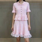 Lace Patchwork Dress With Ruffle Layers And Short Sleeves