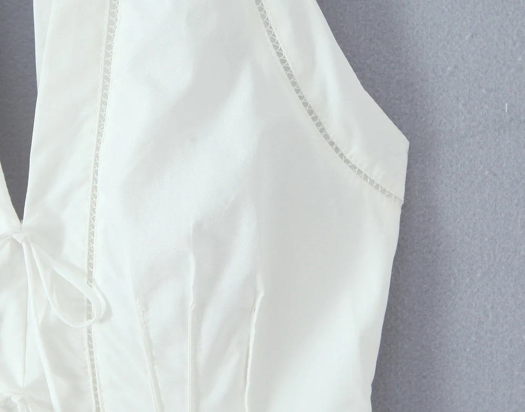 Sexy White Bow Halter V neck Open Buttons Slim Tank Top Women Spliced Ruffles Lace Hem Sleeveless Backless