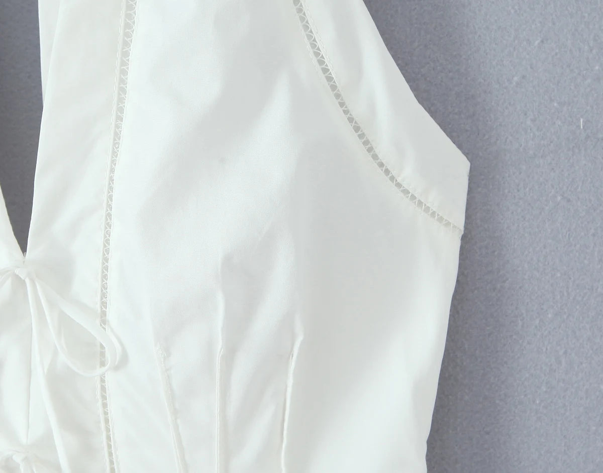Sexy White Bow Halter V neck Open Buttons Slim Tank Top Women Spliced Ruffles Lace Hem Sleeveless Backless