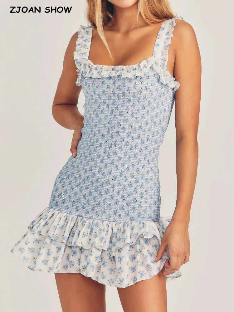Flower Print Corset Ruched Elastic Body Sling Mini Square Collar Ruffles Hem Dress