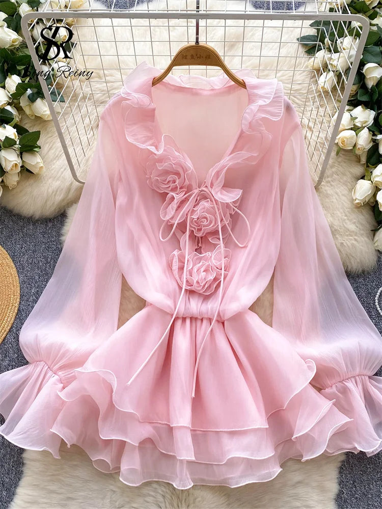 Boho 3D Floral Chiffon Sundress With Long Sleeves Lace Up Ruffle Detail