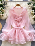 Boho 3D Floral Chiffon Sundress With Long Sleeves Lace Up Ruffle Detail