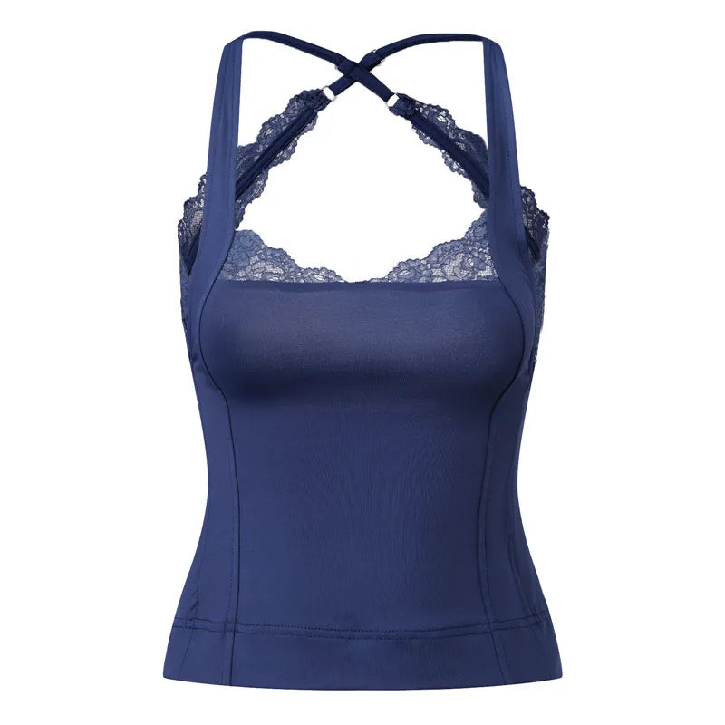 Vintage Y2K Lace Trim Halter Women Sleeveless Backless Camisole Slim Fit Crop Tank Top
