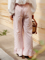 Fashion Women’s Y2k Plaid Wide Leg Pants Gingham Ruffled Hem Elastic Waistband Loose Casual Trousers