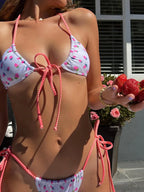 Floral Bow Pink Bikini Swimsuit For Women Low Waist Bandage Beachwear Chic Summer Bathing Suit