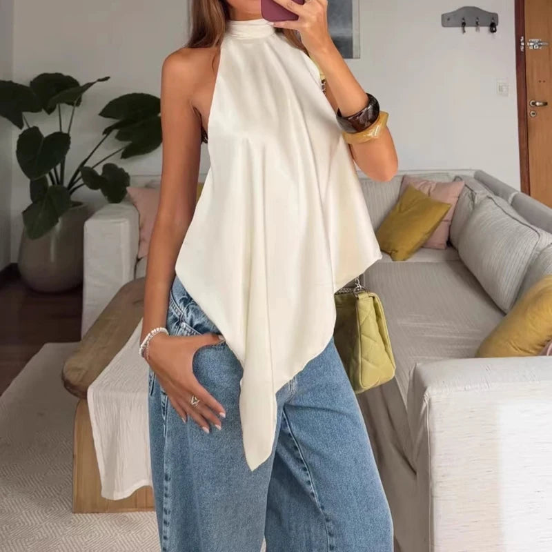 Backless Hollow Out Halter Tank Top With Pleated Detail