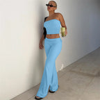 Strapless Crop Top And High Waist Ruched Flare Pants Set