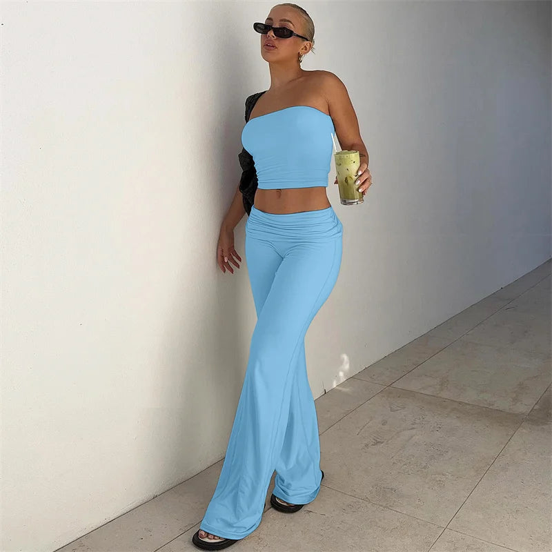 Strapless Crop Top And High Waist Ruched Flare Pants Set