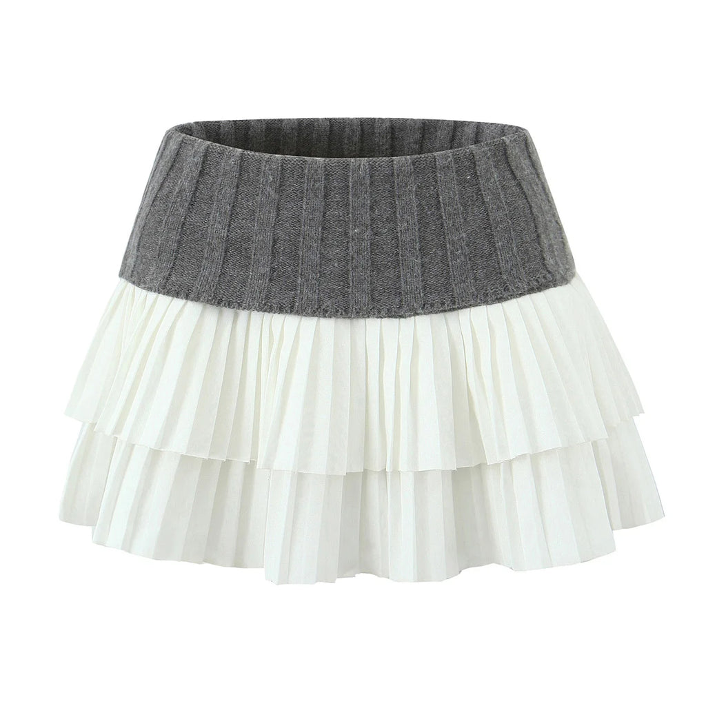 Knit Color Block Mini Skirt High Waisted Pleated
