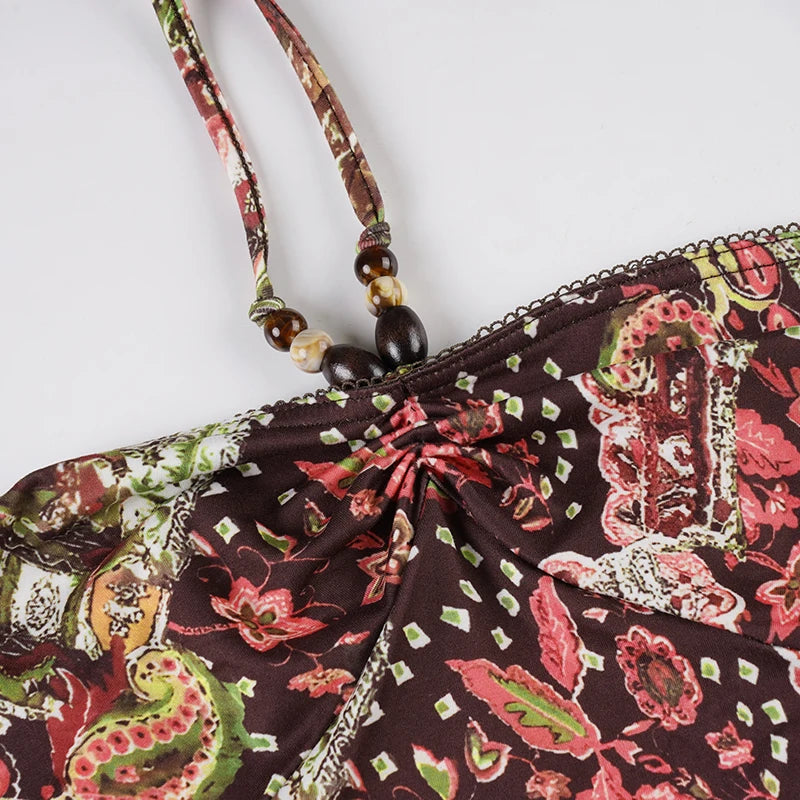 Romantic Print Halter Dress Backless Mini