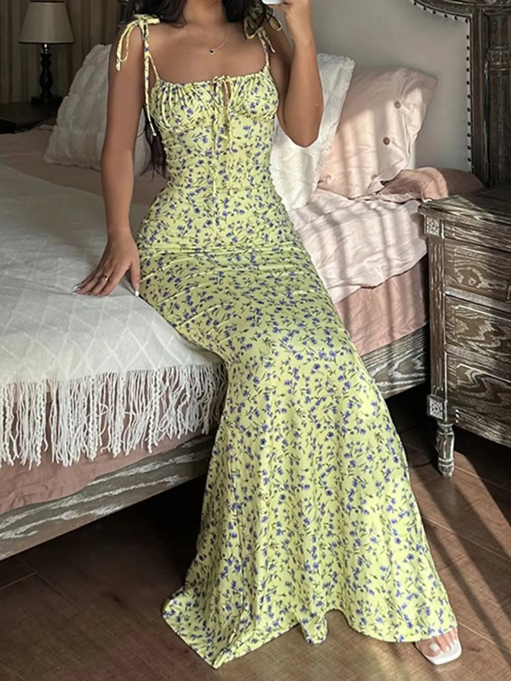 Floral Midi Dress With Spaghetti Straps And V Neck