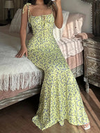 Floral Midi Dress With Spaghetti Straps And V Neck