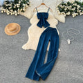 Denim Inspired Two Piece Set Strapless Top And High Waist Wide Leg Pants With Zipper